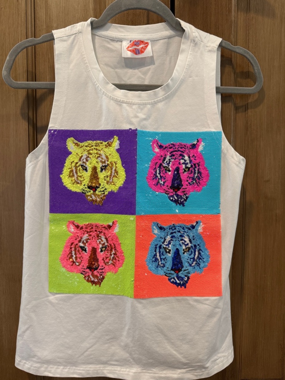 QUEEN OF SPARKLES White Tank Top with Multicolor Sequin Tiger Squares